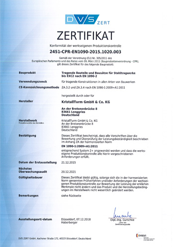 Zertifizierter Stahlbaubetrieb nach EN 1090 Zertifikat EN 1090