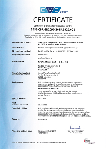 Certified steel construction company according to EN 1090 Certificat EN 1090